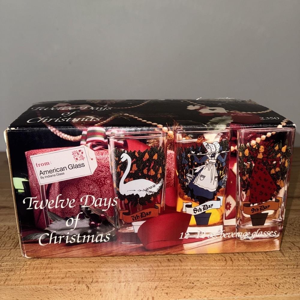 Christmas Glasses #2350 Indiana Glass Twelve Days of Christmas Glasses Vintage